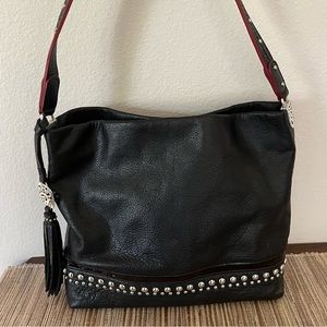 Brighton Rockwell Pretty Tough Black Leather Studded Shoulder Bag Charm Tassel